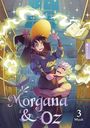 "Morgana & Oz", 3, Miyuli. Eine Hexe mit großem Hut schwebt in einer Bibliothek, von einem Mann gehalten, magische Bücher um sie.
