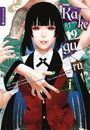 Text: "Kakegurui", "Das Leben ist ein Spiel", "Story: Homura Kawamoto", "Artwork: Toru Naomura".  
Illustration: Frau mit schwarzen Haaren, roten Augen, Händen mit grün lackierten Nägeln, bunter Hintergrund.