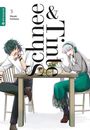 Text: "Schnee & Tinte", "3 Miyuki Unohana". Zwei lachende Figuren an einem Tisch mit Blumen. Manga-Illustration.
