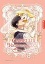 "CAMELLIA FINDE DAS GLÜCK" steht zentral. Illustration eines Paares beim Lächeln und Umarmen, umgeben von floralen Mustern.