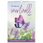 "Du bist so wertvoll 2027". Ein bunter Schmetterling sitzt auf violetten Blumen.