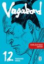 "Vagabond", "12", "Vorläufiges Cover", "Takehiko Inoue". Illustration eines Samurai-Profils vor blauem Hintergrund.