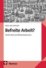 Text: „Befreite Arbeit? Macht, Moral und Mindesteinkommen“. Illustration von Gemeinschaftsaktivitäten in einer Stadt.
