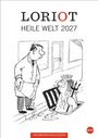 "LORIOT HEILE WELT 2027" steht oben. Komische Zeichnung: Ein Mann gießt Wasser aus einem Eimer auf einen anderen in der Badewanne mit Krone.