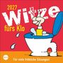 "2027. Witze fürs Klo. Für viele fröhliche Sitzungen!" Cartoon einer Hand mit Klobürste, die aus einer Toilette ragt.