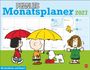 „PEANUTS Monatsplaner 2027“, Kalenderblatt, Comicfiguren mit Regenmänteln und Schirm, Vogel fliegt, Hund mit Futternapf.