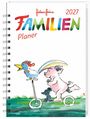 "Familien Planer 2027" in bunten Buchstaben. Eine Illustration von Hahn, Schwein und Maus auf einem Roller.