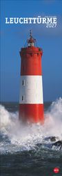 "LEUCHTTÜRME 2027" und "JEAN GUICHARD". Roter und weißer Leuchtturm in stürmischer See, starkes Wellenspiel.
