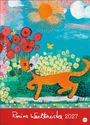 **Rosina Wachtmeister 2027**: Bunte Illustration mit einer Katze, Blumen, Schmetterlingen und Sonne.