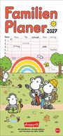 „Familien Planer 2027“ steht groß, darunter ist eine Tabelle mit Namen und Terminen. Darunter sind bunte Schafe und ein Regenbogen.