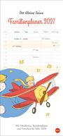"Der Kleine Prinz Familienplaner 2027. Kalender mit Spalten für Mama, Papa, Greta, Oscar. Illustration: Kind im roten Flugzeug."