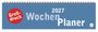 Großdruck Wochen Planer 2027. Roter Kreis, weißer Text: "Großdruck". Blauer Hintergrund, Spiralbindung oben.