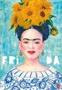 „FRIDA“, „Kalender 2027“. Illustration einer Frau mit Sonnenblumenkrone und blau gemustertem Kleid auf blauem Hintergrund.