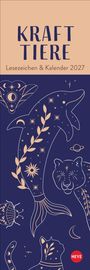 "KRAFTTIERE Lesezeichen & Kalender 2027" in einem stilisierten, zarten Design mit Tieren und Naturmotiven.
