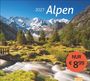 "2027 Alpen", "NUR € 8,99". Gebirgslandschaft, Fluss, Bäume, schneebedeckte Berge, klarer blauer Himmel.