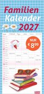 "Familien Kalender 2027", "NUR €8.99". Neben Gänseblümchen, Kalender mit Spalten für Familienmitglieder, und Bücherillustration.