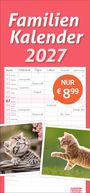 „Familien Kalender 2027“. Tabellen mit Terminen. Preis 8,99 Euro. Zwei Katzen, eine auf einem Korb, die andere jagt einen Marienkäfer.