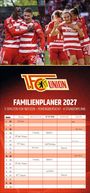 Familienplaner 2027: 5 Spalten für Notizen. Oben zwei Fotos von Fußballspielern in rot-weißen Trikots. Logo: 1. FC Union.