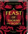 Roter Hintergrund mit Gabel, Messer und Teller. Text: "A Feast of Thorns and Roses". Oben dekorative rote Muster.