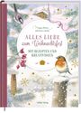 „Alles Liebe zum Weihnachtsfest“ in roter Schrift, darunter „Mit Rezepten und Kreativideen“. Ein Rotkehlchen im Schnee.