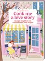 Cook me a love story, Rezepte inspiriert von romantischen Book Tropes. Illustration: Frau in Café, Blütenbaum, Katze.