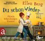 Gelesen von Tessa Mittelstaedt. Ellen Berg: Du schon wieder. (K)ein Scheidungs-Roman. Aufbau Audio, MP3. Illustration einer Frau und eines Kochs in einer Küche mit einem Hund.