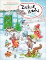"Zicki & Zacki und der Schneemann-Wettbewerb". Winterliche Illustration mit Tieren, die Schneemänner bauen.