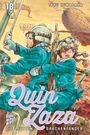 „Quin Zaza“, „Die letzten Drachenfänger“. Zwei Personen in blauer Kleidung fliegen in einem Luftschiff. Vintage-Stil.
