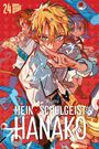 „Mein Schulgeist Hanako“, Band 24, bunte Manga-Illustration mit drei Figuren und fantasievollen Elementen auf rotem Hintergrund.