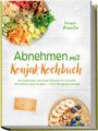 Abnehmen mit Konjak Kochbuch. Bunter Teller mit Gemüse oben, Schüssel mit Haferbrei und Obst unten.