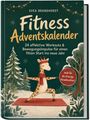 „Fitness Adventskalender“; Illustration: Yoga-Giraffe auf Matte in winterlicher Landschaft mit Tannen.