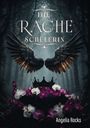 "Die Rache Schülerin" in großer Schrift, dunkle Flügel, schwarze Krone, violette und weiße Orchideen in einem düsteren Wald.