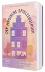 "Der magische Spielzeugladen" oben, "Drei Begegnungen, die das Herz heilen" unten. Illustration eines Hauses mit Bäumen.