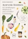 "Ayurveda-Routinen bei Heißhunger, Blähbauch und sensibler Verdauung." Mit Illustrationen von Gemüse und Kräutern. GU-Logo.