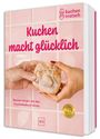 Text in rosa: "Kuchen macht glücklich". Zwei Hände halten Gebäck. Hintergrund aus rosa Fliesen.