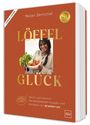 Text: "Löffel Glück. Warm und herzlich – Die beliebtesten Suppen und Eintöpfe von @rezberryss." Frau mit Gemüse.