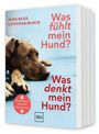Text: "Was fühlt mein Hund? Was denkt mein Hund?" Autor: Nina Ruge, Günther Bloch. Hund liegt auf blauem Hintergrund.