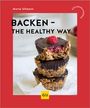 Roter Hintergrund, „BACKEN – THE HEALTHY WAY“, drei gesunde Muffins mit Schokolade und Himbeeren, GU-Logo in Gelb.