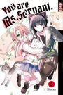 „You are Ms. Servant.” Zwei Mädchen mit Tierohren, eines hält ein Kaninchen. Verspielte, bunte Illustration mit Katzen.