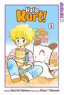 "Hallo Kurt! 5" zeigt einen Jungen mit blondem Haar, der eine Katze hält, neben einem großen weißen Hund. Verspielte Illustration.