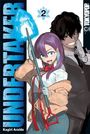 „UNDERTAKER“, „2“, „Kagiri Araido“. Zwei Personen, eine Frau mit Kehrschaufel lächelt, ein Mann steht dahinter.
