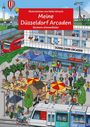 Illustration "Meine Düsseldorf Arcaden" von Heiko Wrusch; buntes Wimmelbild mit Menschen, Gebäuden und Verkehrsmitteln.
