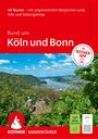 Titel: "46 Touren – mit angrenzendem Bergischen Land, Eifel und Siebengebirge." 

Person wandert, Fluss und Berge im Hintergrund.