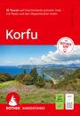 "Korfu. 36 Touren auf Griechenlands grünster Insel – mit Paxós und den Diapontischen Inseln." Küstenlandschaft, rotes Design.