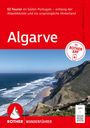 "52 Touren im Süden Portugals." "Algarve" steht groß. Coastline mit Wellen und Klippen. Logo und QR-Code unten.