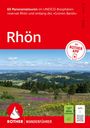 "60 Panoramatouren... Rhön." "Mit ROTHER APP." Naturpanorama mit Hügeln, Wiesen, Wald. ROTHER Wanderführer Logo.