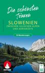 "Die schönsten Touren Slowenien, 53 Wanderungen." Naturkulisse mit Bergen, See, ein kleines Haus und ein Rother Logo.