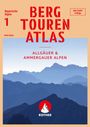 "Bayerische Alpen", "BERGTOUREN ATLAS", "ALLGÄUER & AMMERGAUER ALPEN". Silhouette von Bergen, unten Logo: ROTHER.