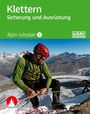 "Klettern: Sicherung und Ausrüstung, Alpin-Lehrplan 5" mit DAV-Logo. Ein Kletterer mit Helm und Seil in alpiner Landschaft.