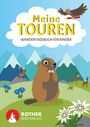 "Meine Touren. Wandertagebuch für Kinder." Illustration: Murmeltier, Steinbock, Gämsen vor Bergen, Adler mit Stift.